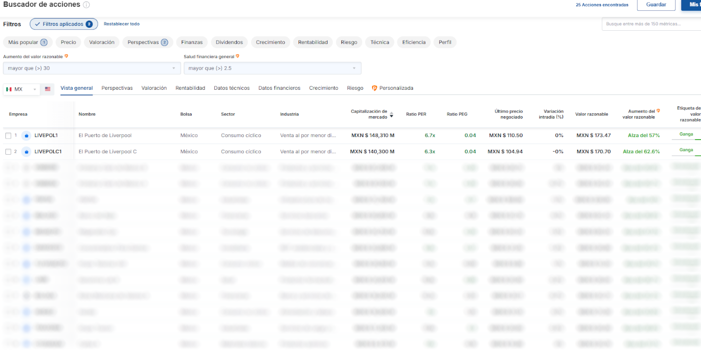 Buscador de acciones avanzado de Investing.com