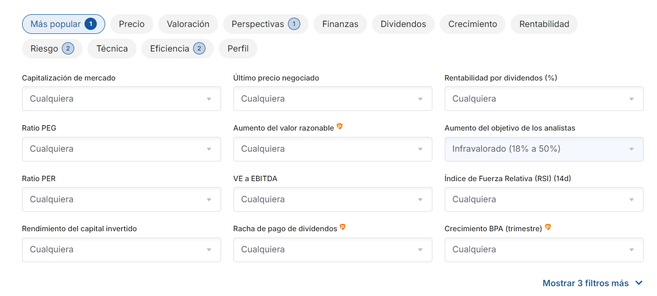 Vista del Buscador de acciones de Investing.com